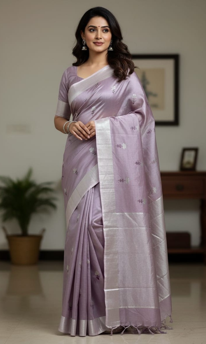Lavender Chanderi Handloom Pattu Silk Meenakari Saree