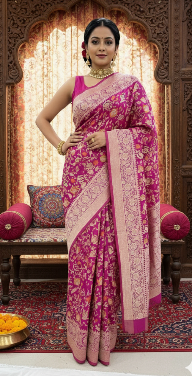 Hot Pink Banarasi Handloom Katan Silk Tilfi Meenakari Saree