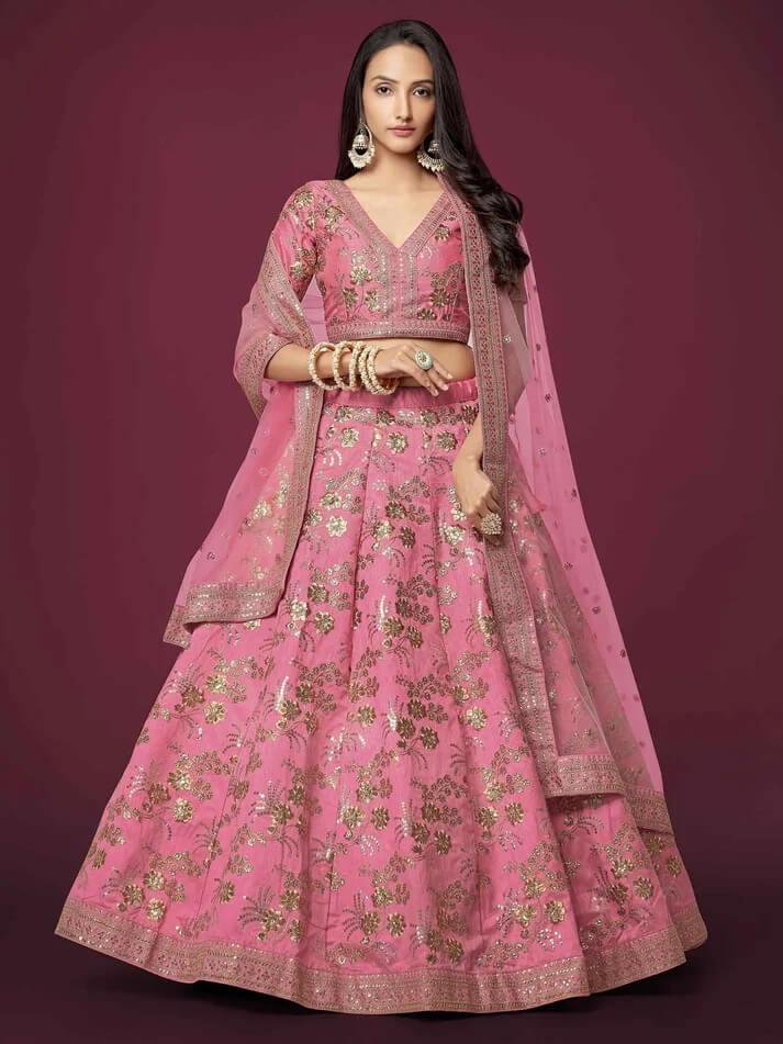 Peach Silk Lehenga with Zari, Sequins & Dori Work