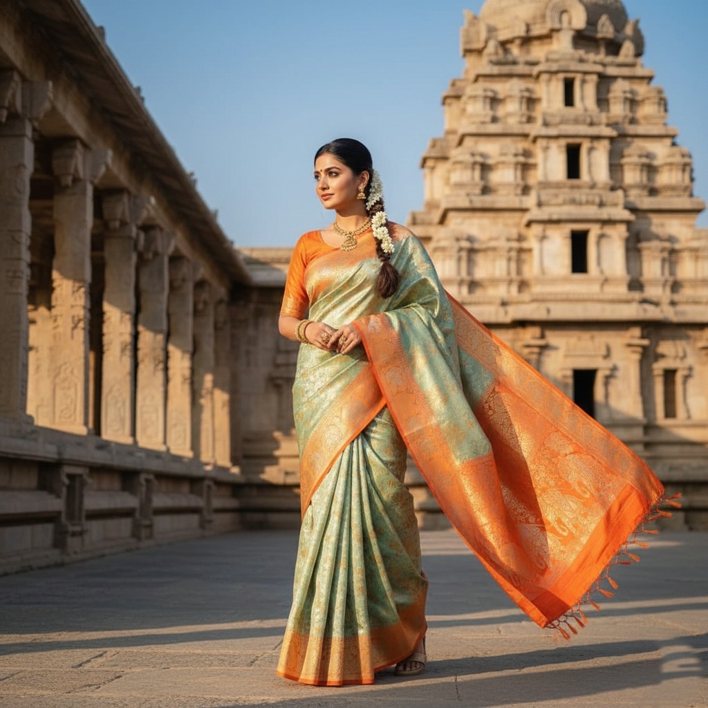 Pista Green Kanchipuram Handloom Tissue Brocade Meenakari Silk Saree