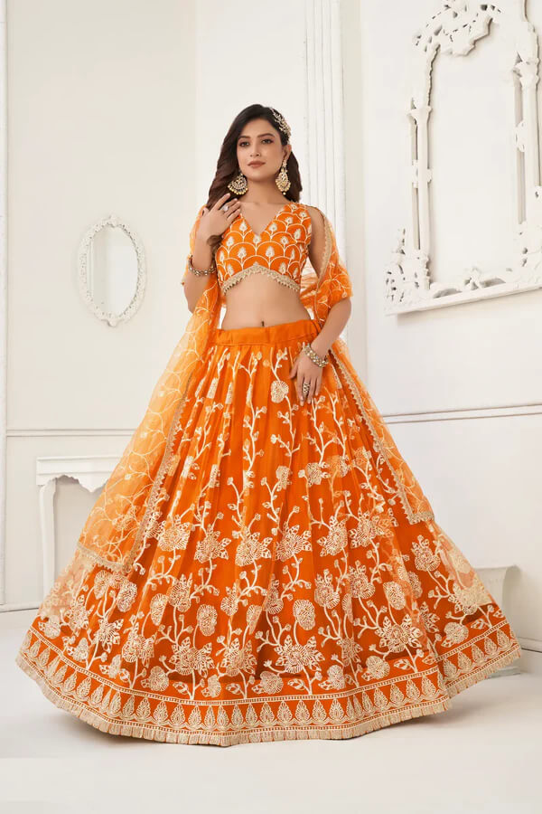 Designer Orange Cotton Thread & Zari Lehenga