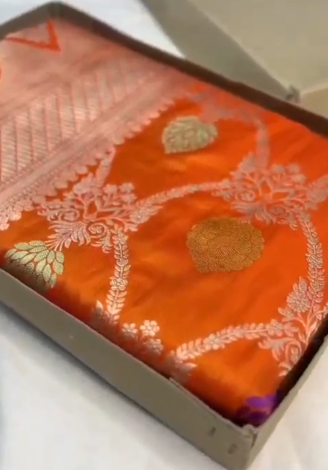 Orange Banarasi Handloom Katan Silk Meenakari Saree