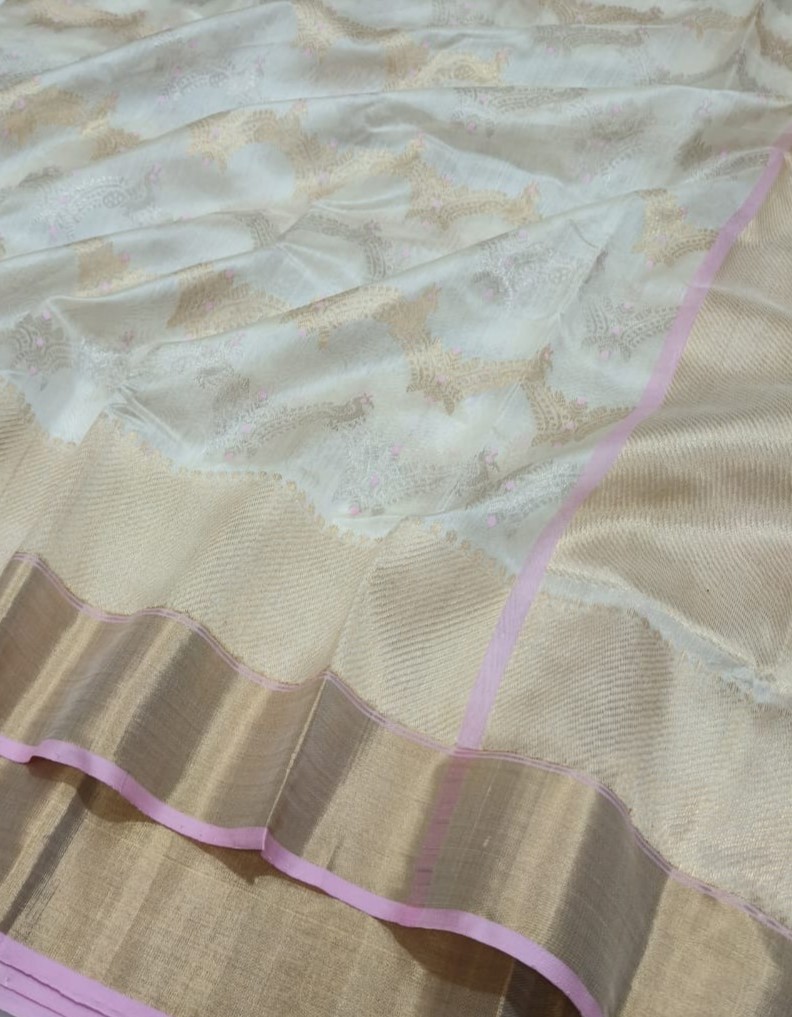 Pearl White Chanderi Handloom Pattu Silk Contemporary Saree