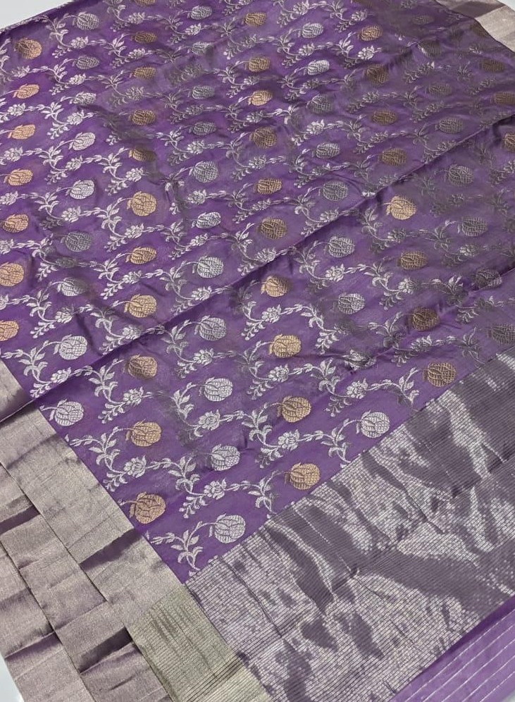 Lavender Chanderi Handloom Pattu Silk Handwork Saree