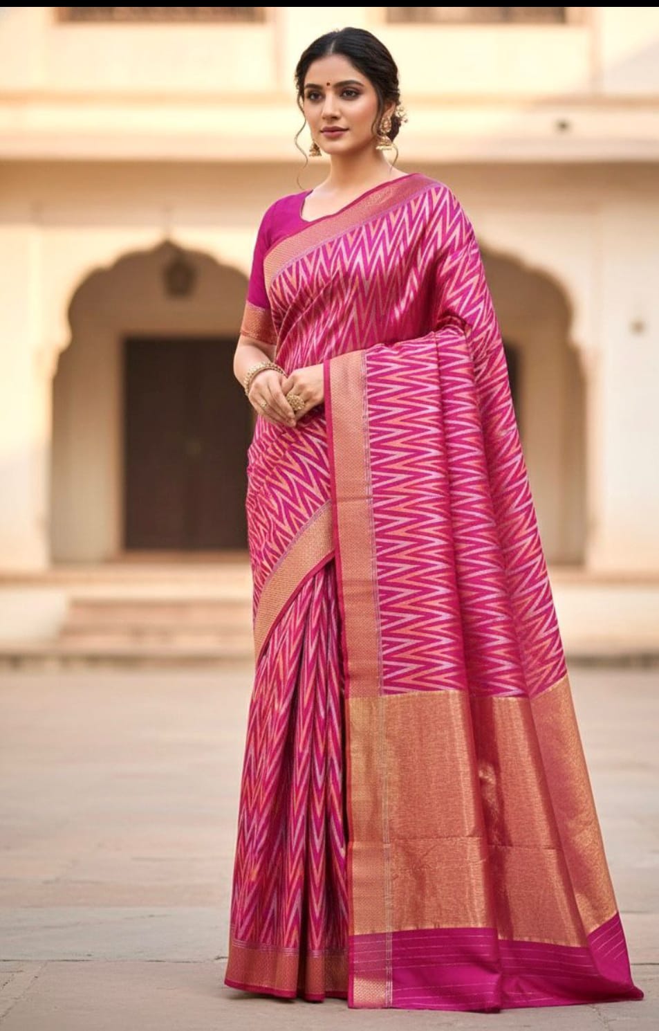 Dark Pink Chanderi Handloom Pattu Silk Handwork Saree