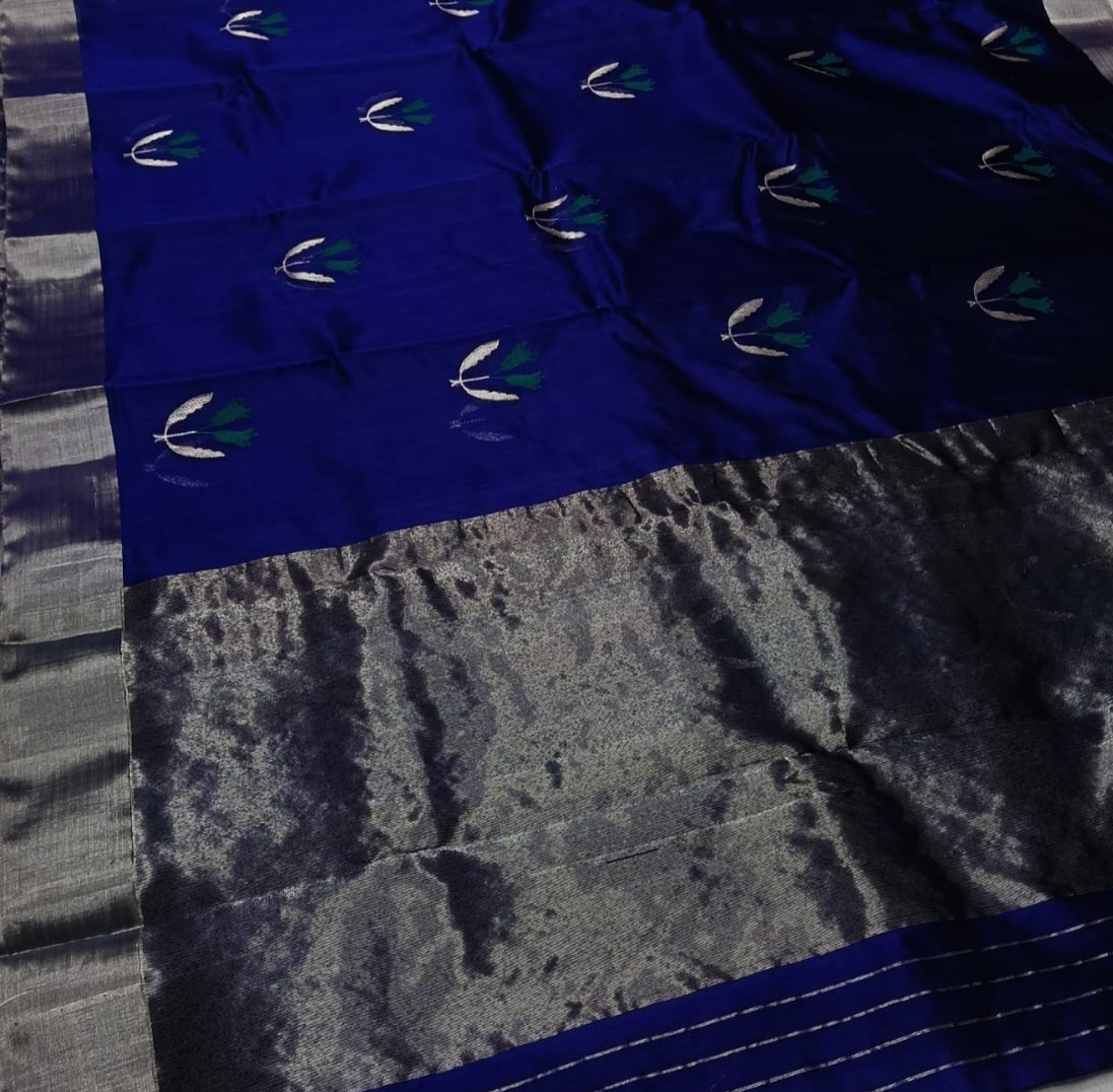 Blue Chanderi Handloom Pattu Silk Eknal Buttas Meenakari Saree