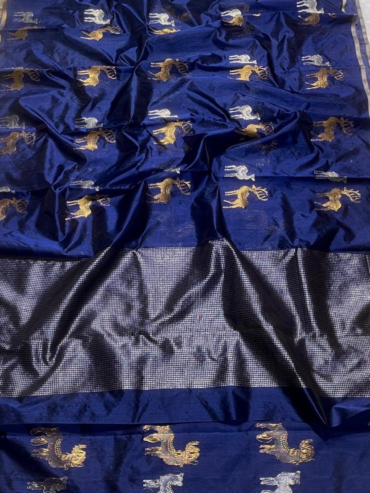 Dark Blue Chanderi Handloom Pattu Silk Sona Rupa Saree
