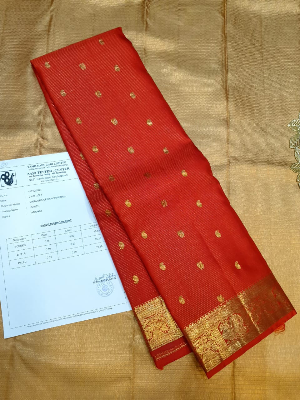 Red Kanchipuram Handloom 2G Pure Gold Vairaoosi Silk Saree