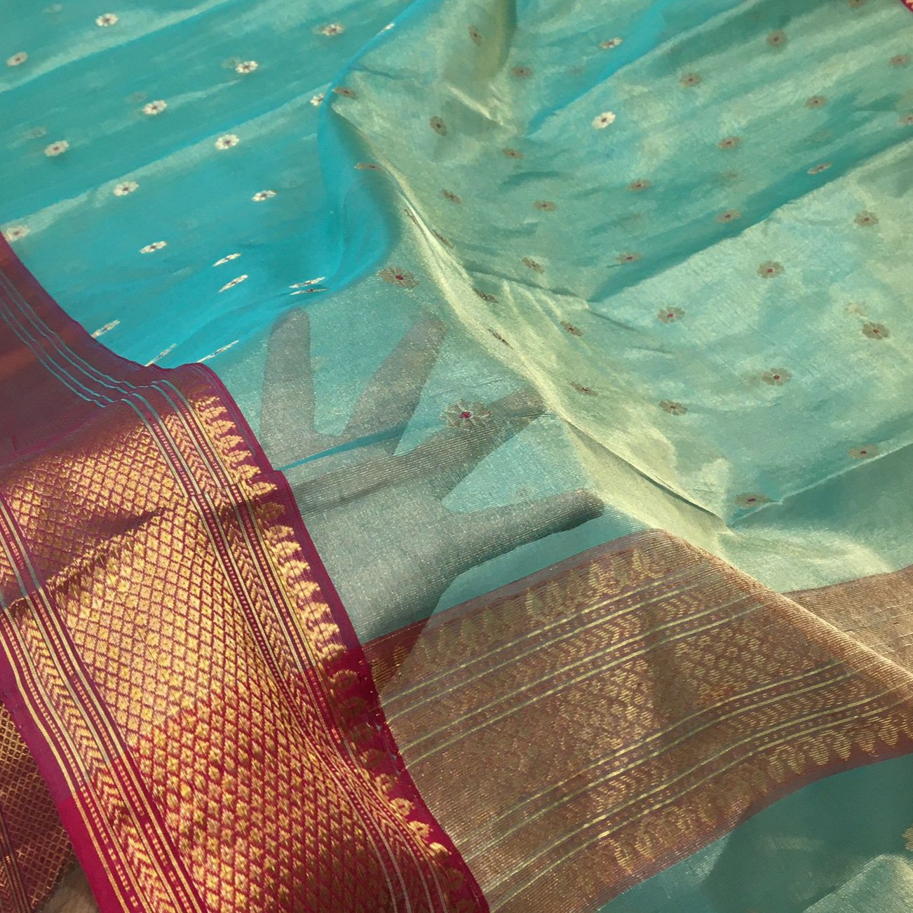 Sea Green Chanderi Handloom Katan Tissue Silk Meenakari Saree