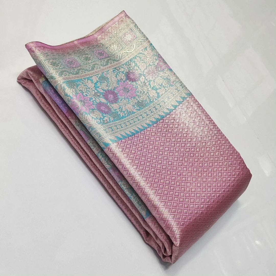 Baby Pink Kanchipuram Handloom Tissue Brocade Meenakari Silk Saree