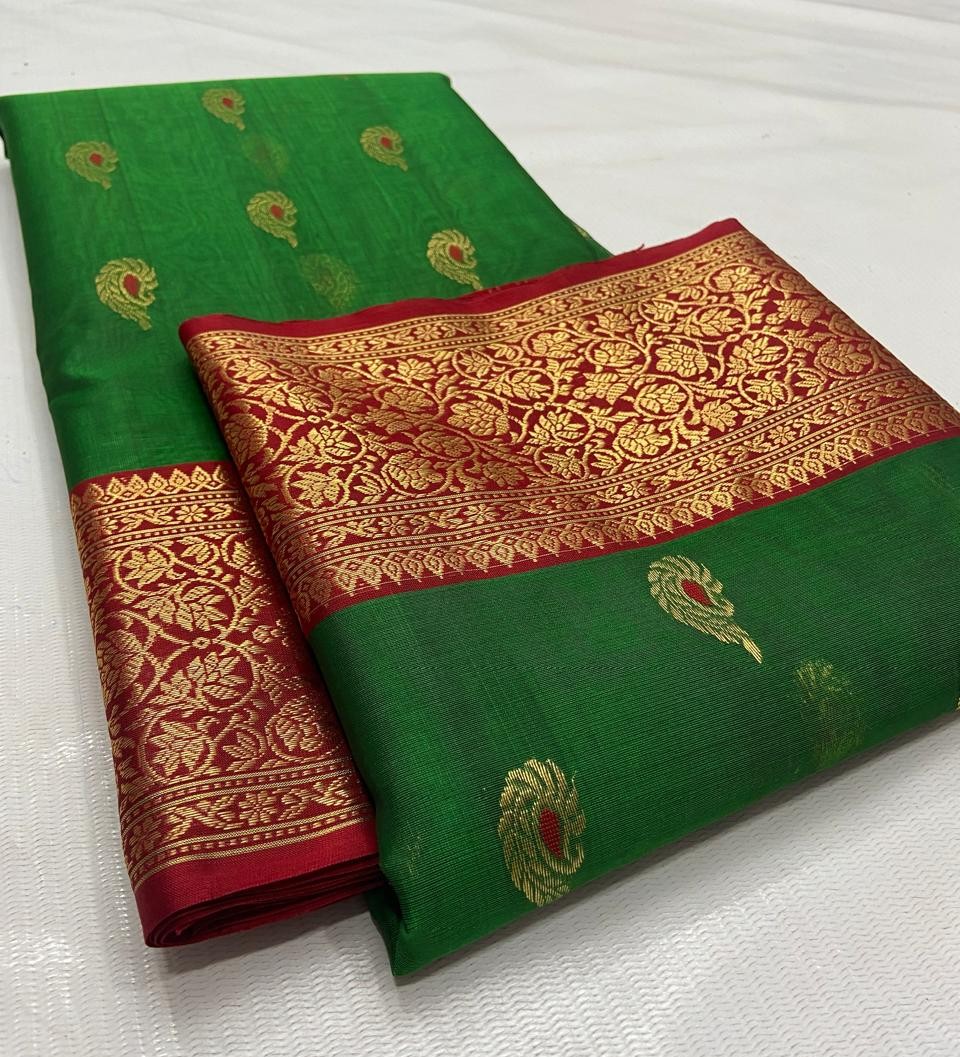 Green Chanderi Handloom Katan Silk Meenakari Saree