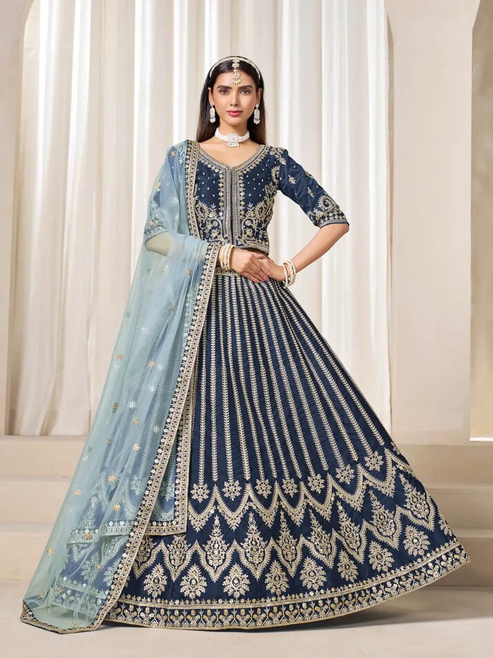 Navy Blue Art Silk Lehenga with Thread & Sequins Work