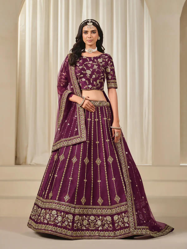 Dusty Wine Art Silk Lehenga Choli with Sequins Embroidery