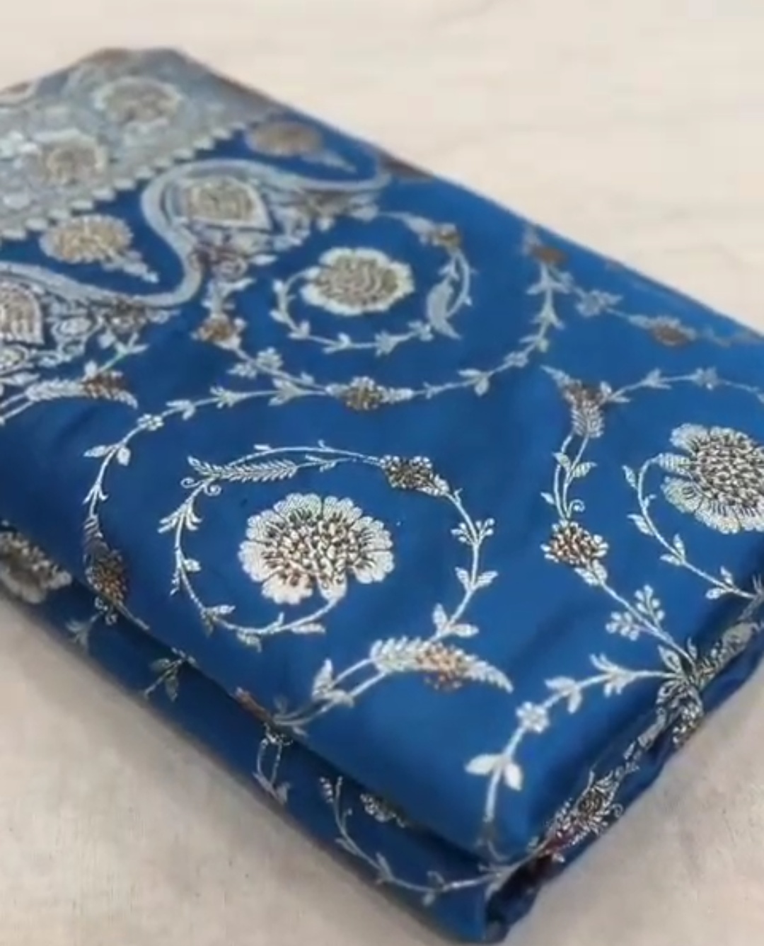 Royal Blue Banarasi Satin Katan Silk Swarovski Jangla Saree