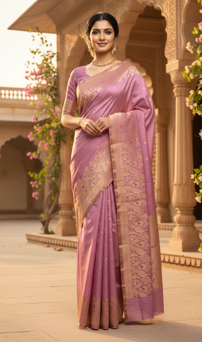 Onion Pink Chanderi Handloom Pattu Silk Meenakari Handwork Saree