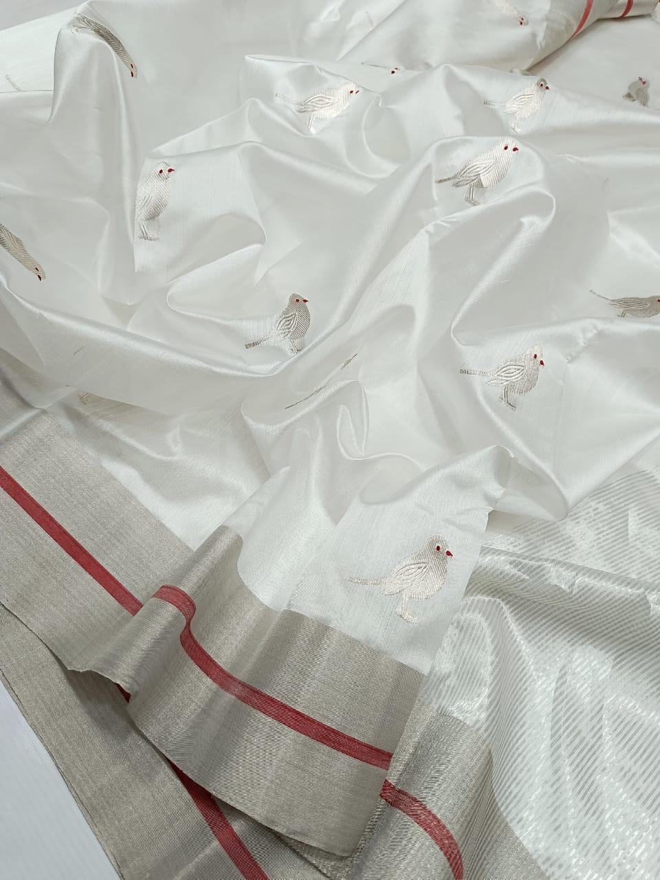 Pearl White Chanderi Handloom Pattu Silk Eknal Buttas Saree