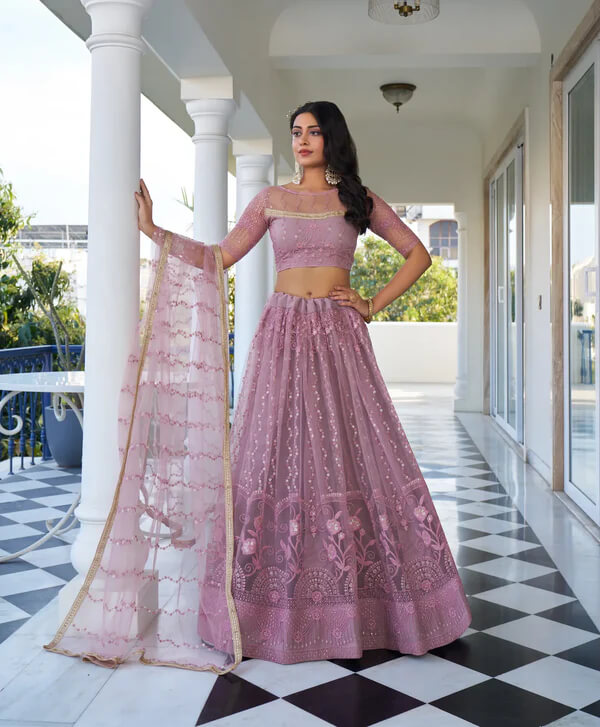Designer Dusty Pink Net Lehenga Choli with Sequins Detailing