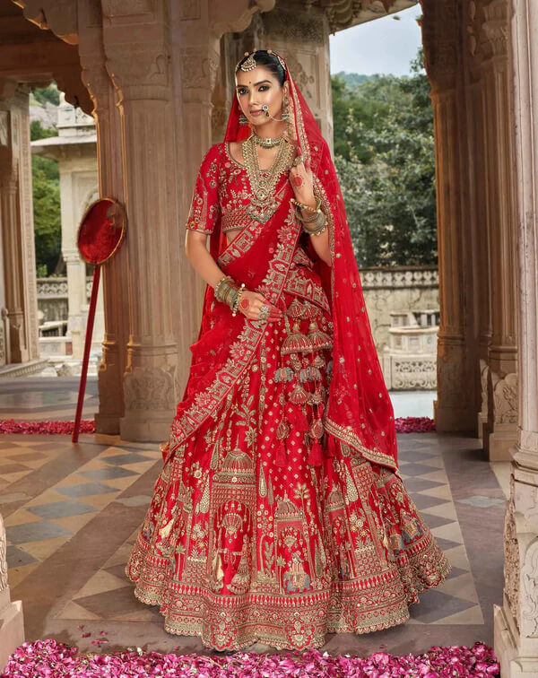 Red Bridal Lehenga with Khatli Embroidery & Two Dupattas