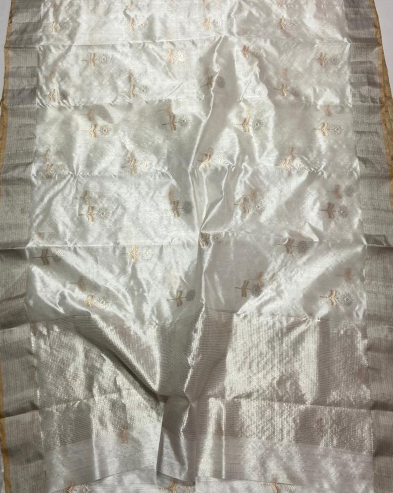Pearl White Chanderi Handloom Pattu Silk Sona Rupa Saree