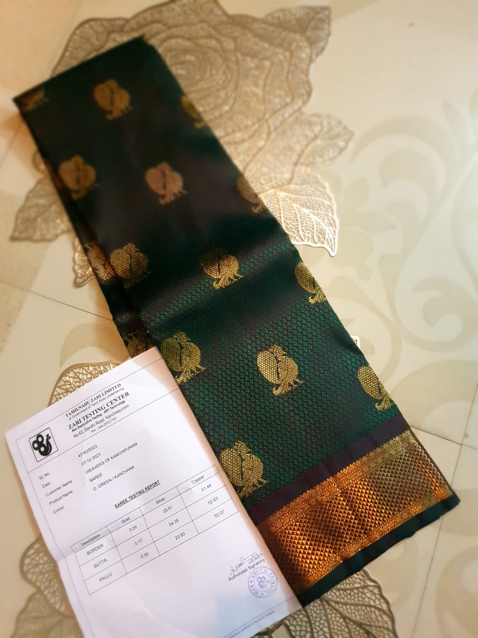 Bottle Green Kanchipuram Handloom 4G Pure Gold Pattu Silk Saree