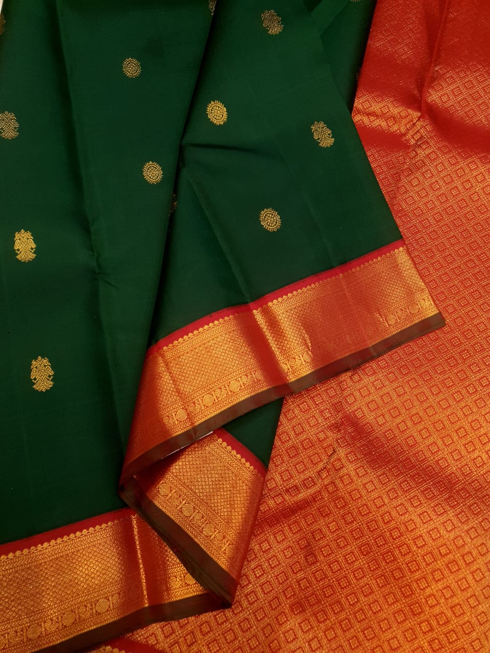Bottle Green Kanchipuram Handloom 2G Gold Pattu Silk Saree