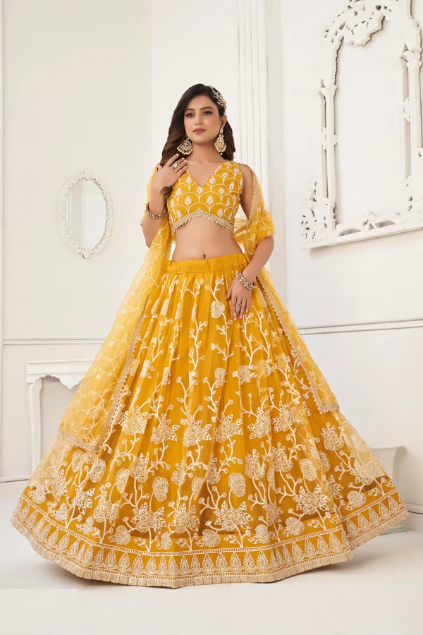Designer Yellow Cotton Thread & Zari Lehenga