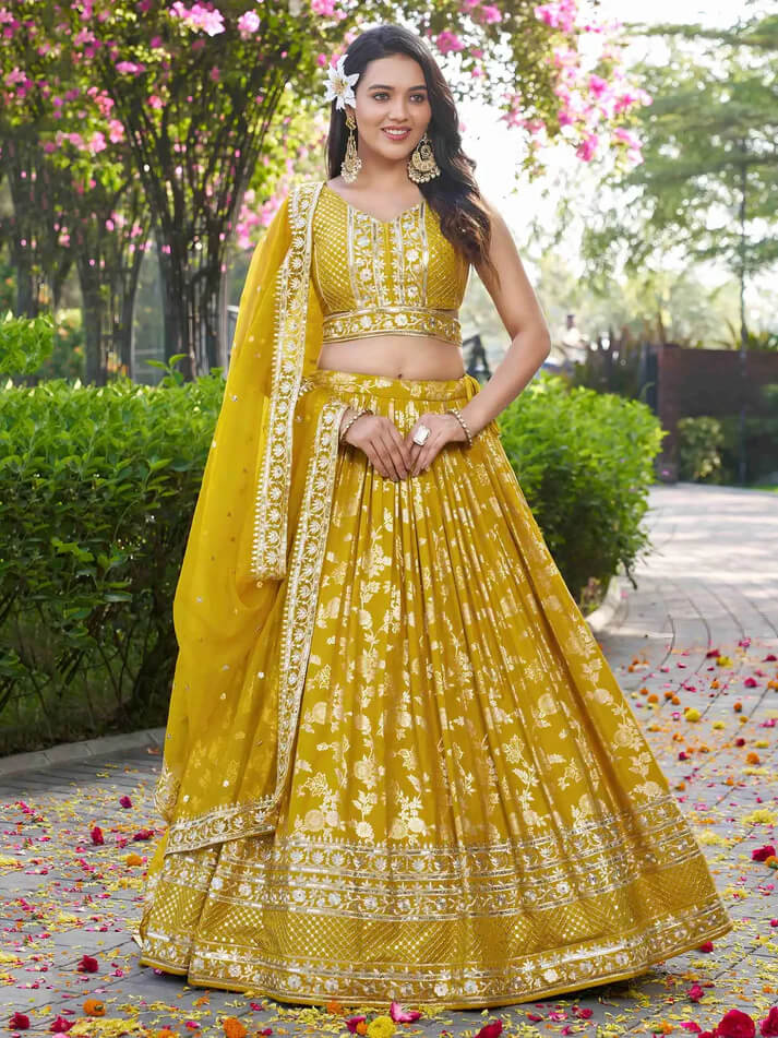 Yellow Jacquard Lehenga with Zari & Sequins Work