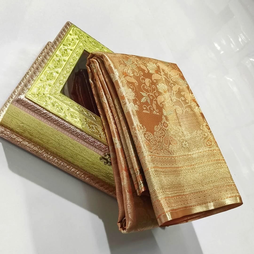 Pastel Orange Kanchipuram Handloom Tissue Brocade Silk Saree