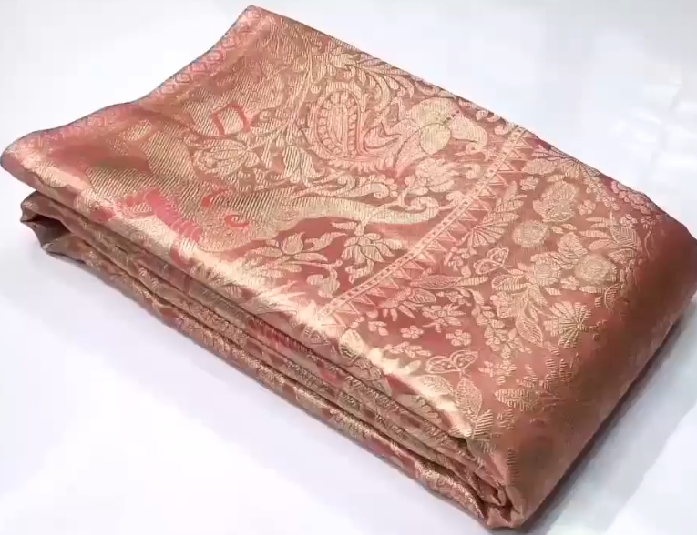 Coral Kanchipuram Handloom Tissue Brocade Silk Saree