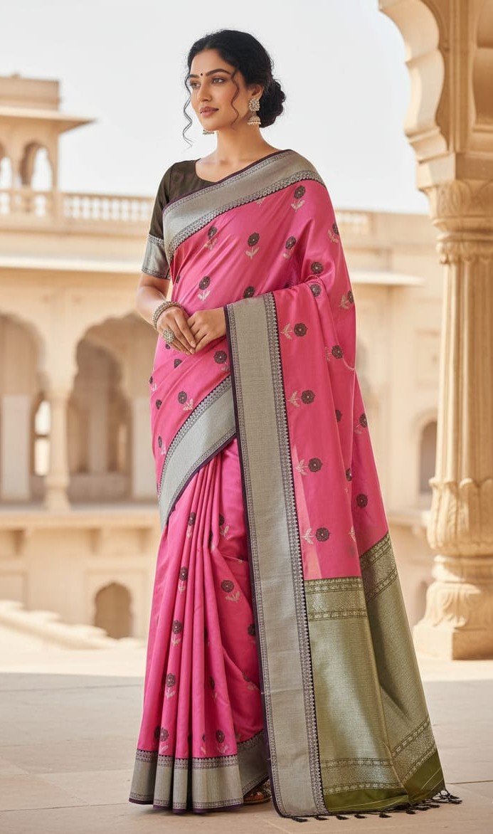 Hot Pink Chanderi Handloom Pattu Silk Meenakari Nakshi Saree