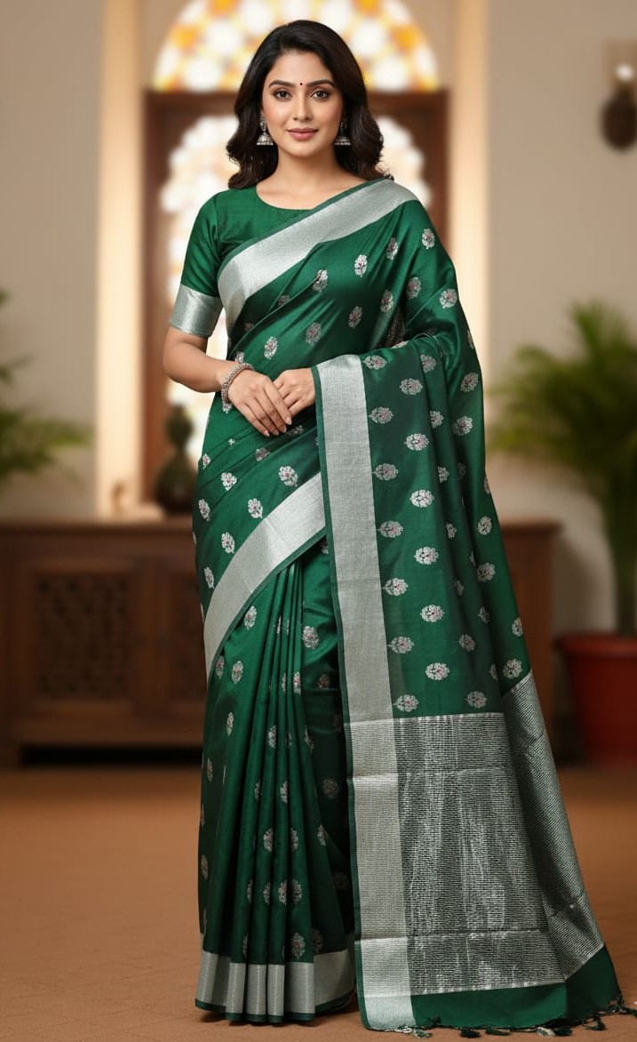 Bottle Green Chanderi Handloom Pattu Silk Meenakari Saree