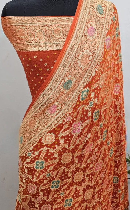 Red Banarasi Handloom Gold Zari Bandhani Georgette Silk Saree