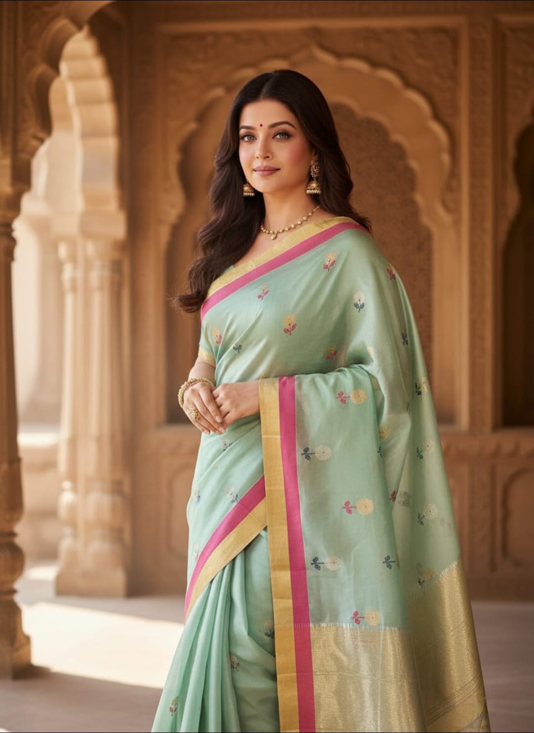 Sea Green Chanderi Handloom Pattu Silk Meenakari Saree