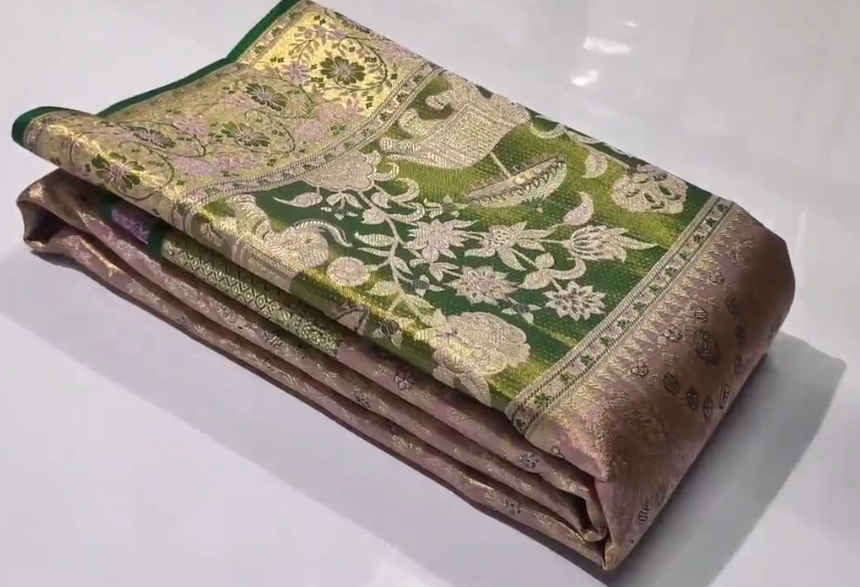 Pink Kanchipuram Handloom Tissue 2G Gold Brocade Silk Saree