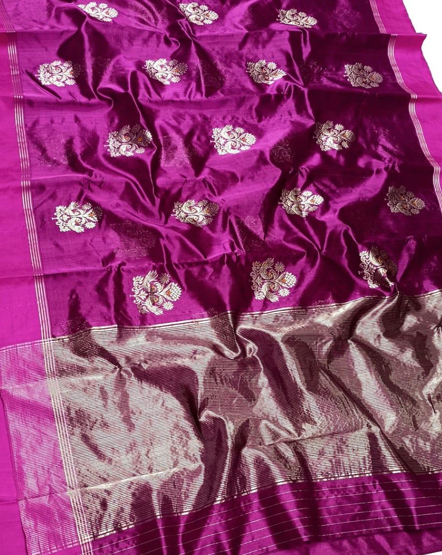 Magenta Chanderi Handloom Pattu Silk Eknal Buttas Saree
