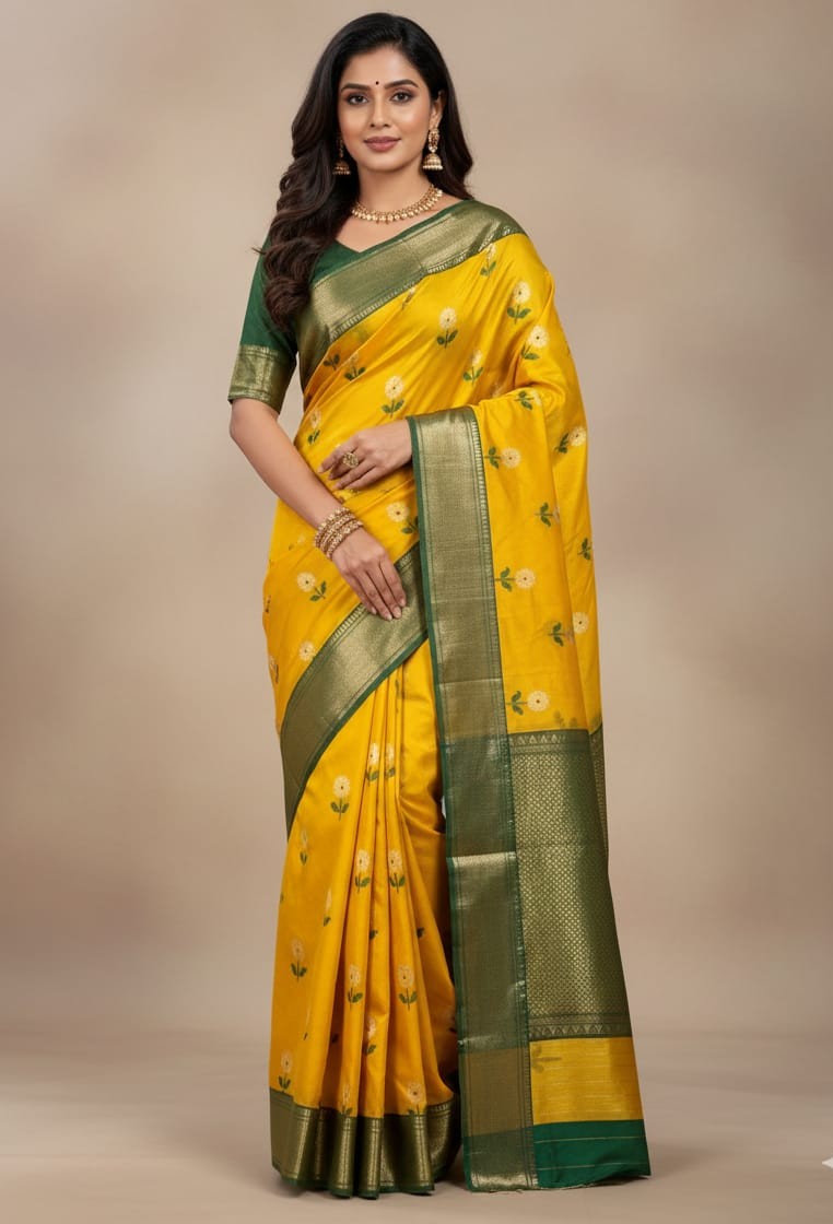 Turmeric Chanderi Handloom Pattu Silk Meenakari Nakshi Saree