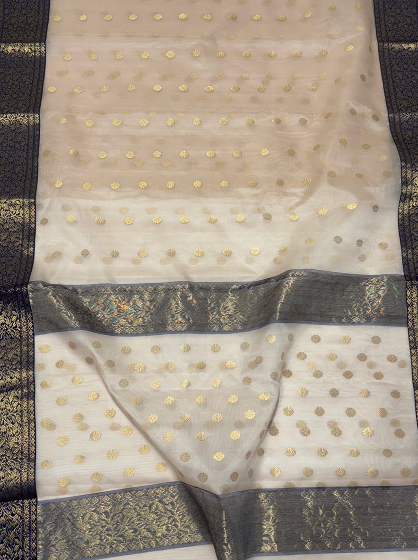 Beige Chanderi Handloom Katan Silk Nakshi Saree