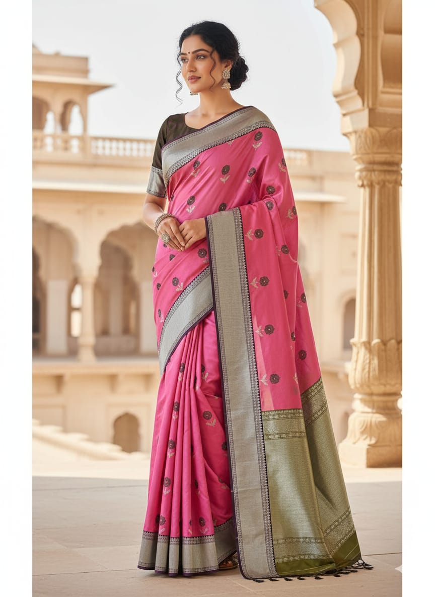 Hot Pink Chanderi Handloom Pattu Silk Meenakari Saree