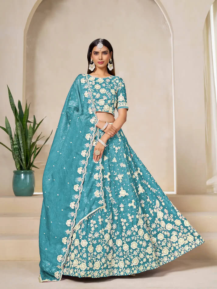 Sea Blue Gold Crush Embroidery Lehenga Choli