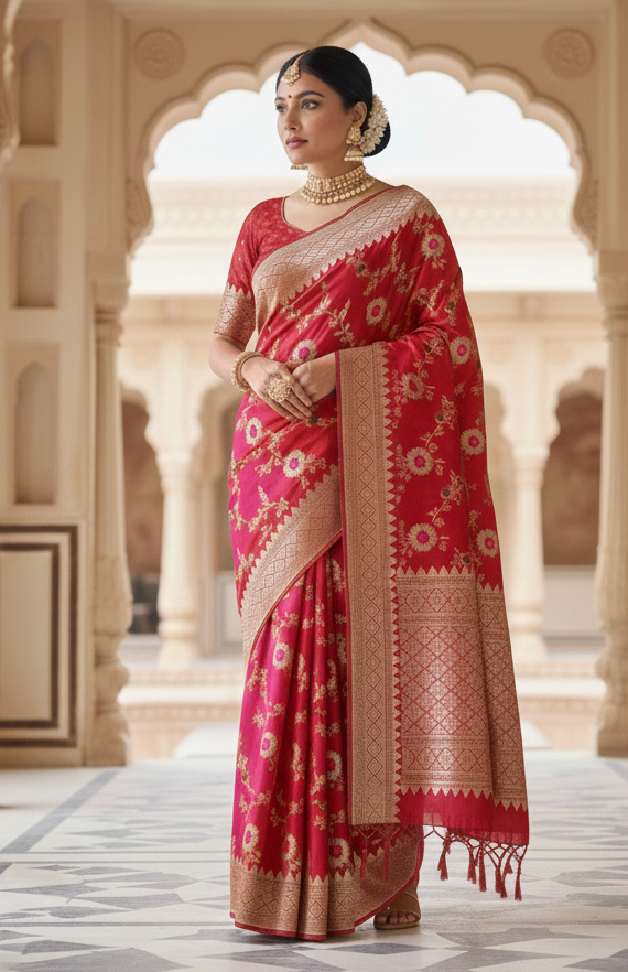 Dark Pink Banarasi Handloom Katan Moonga Silk Water Zari Meenakari Saree