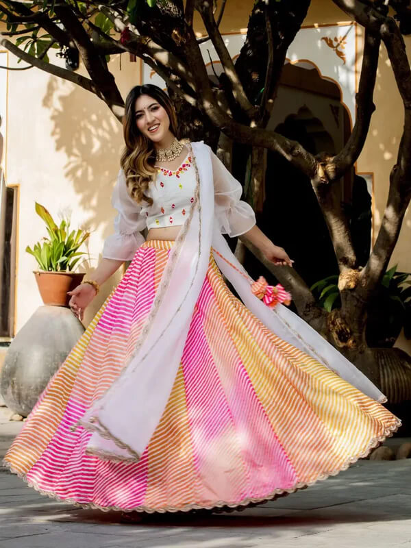 Multi Color Organza Lehenga with Pearl & Mirror Work
