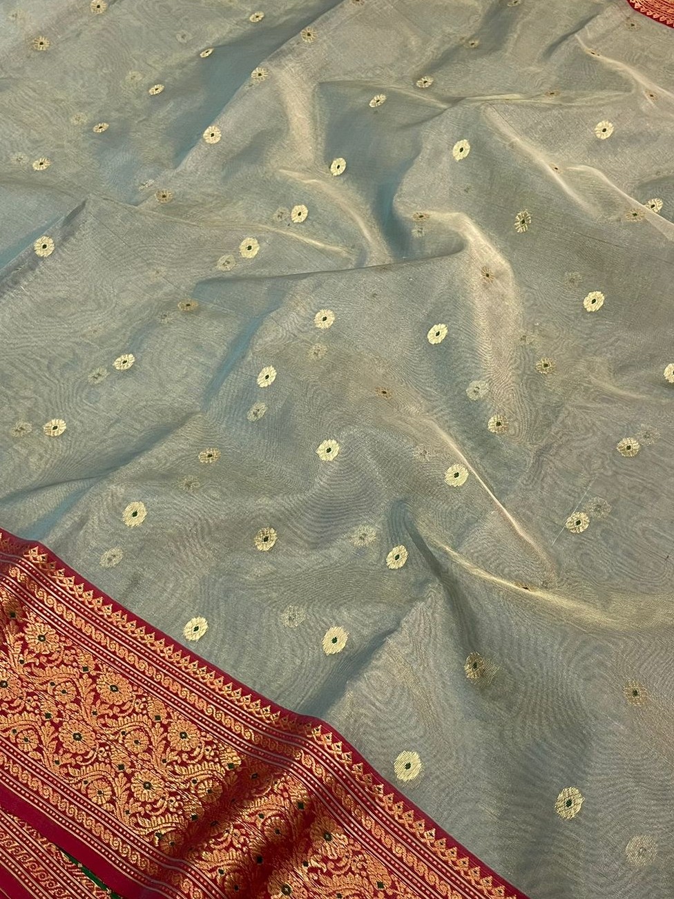 Pastel Olive Chanderi Handloom Katan Tissue Silk Meenakari Saree