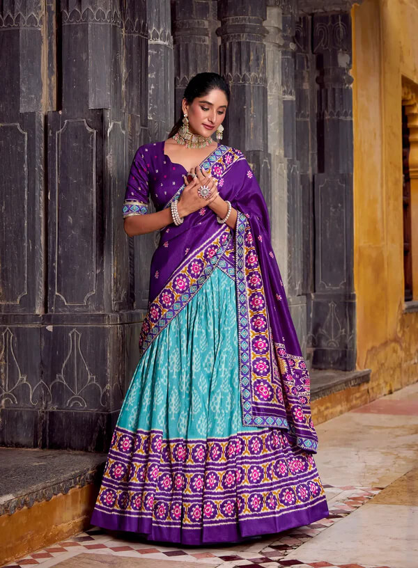 Sea Blue Silk Lehenga Choli with Vibrant Ikkat Patterns