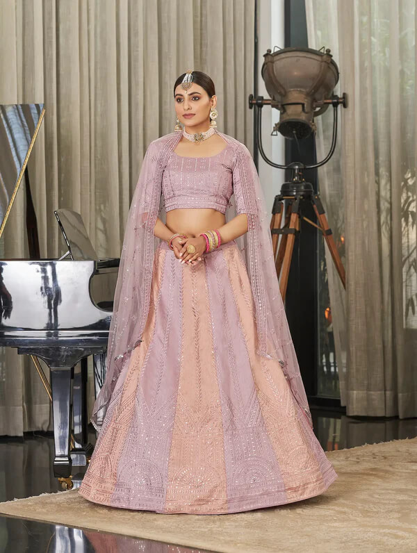 Peach Pink Art Silk Lehenga Choli with Sequins & Thread Work