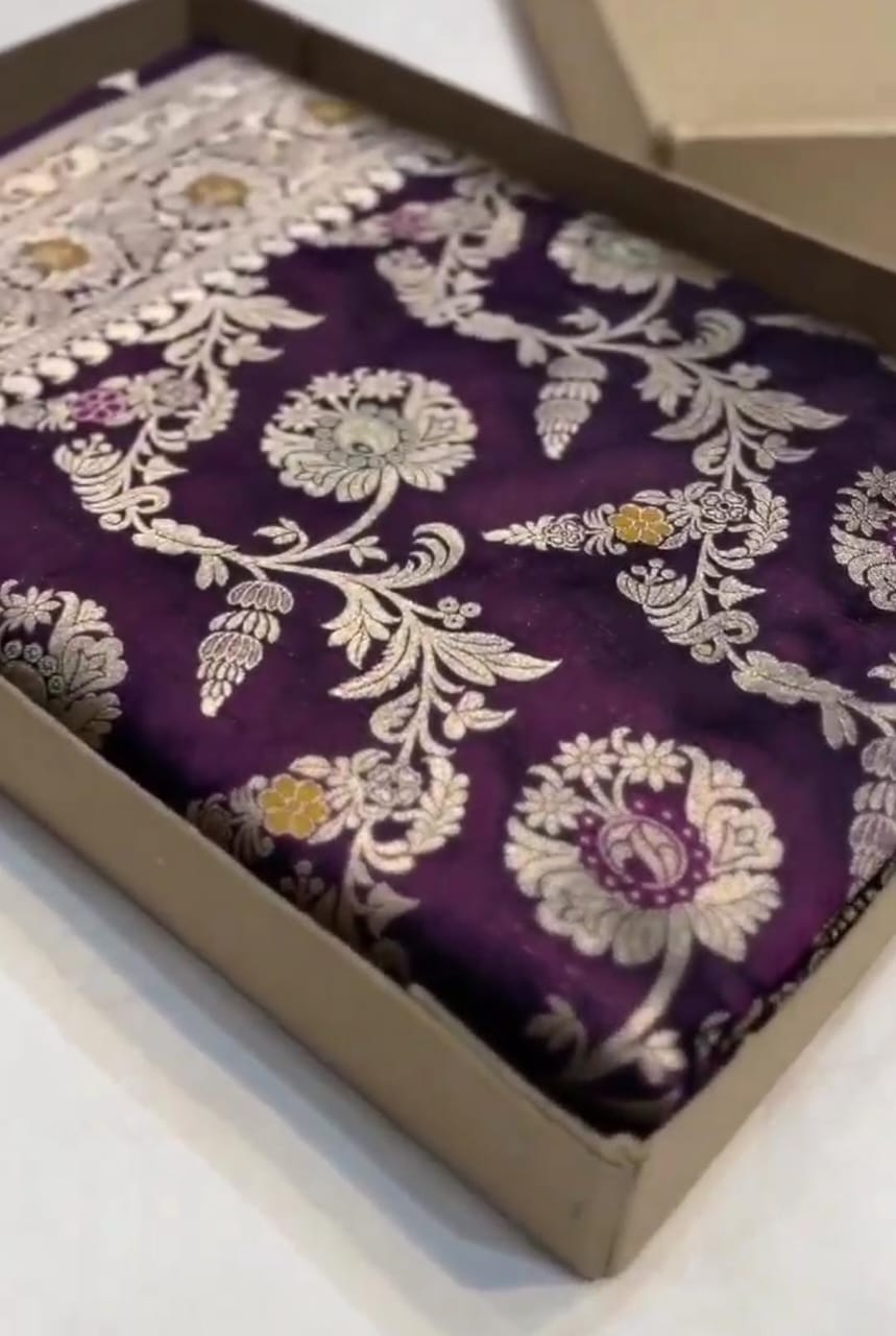 Dual Tone Wine Banarasi Handloom Katan Silk Meenakari Saree