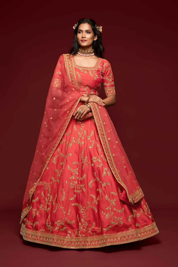 Bean Red Silk Lehenga with Thread, Zari & Sequins Work