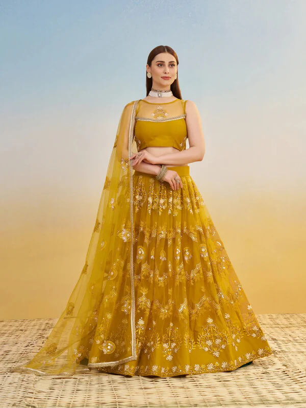 Festive Yellow Net Lehenga Choli with Thread Detailing