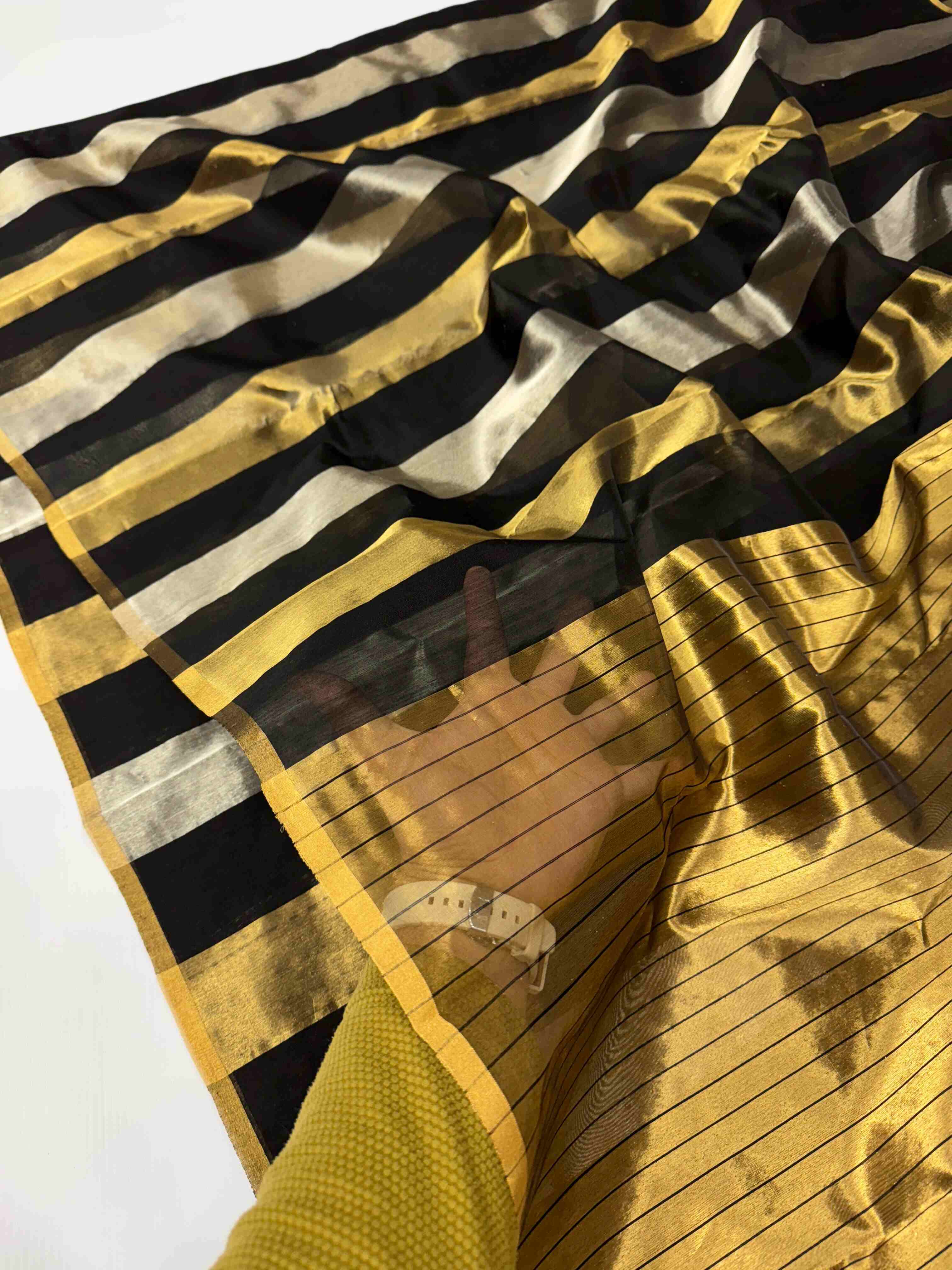 Gold, Silver & Black Chanderi Handloom Metallic Tissue Silk Contemporary Saree