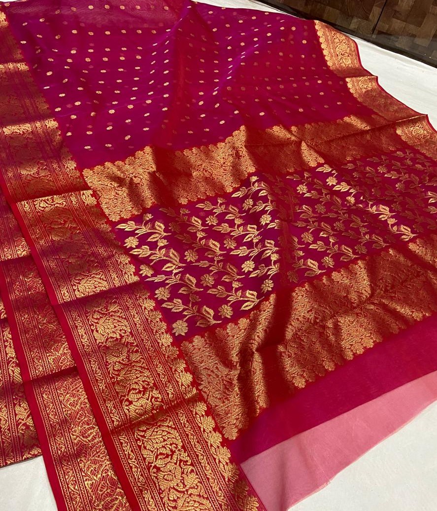 Dual Tone Pink Chanderi Handloom Katan Silk Nakshi Saree