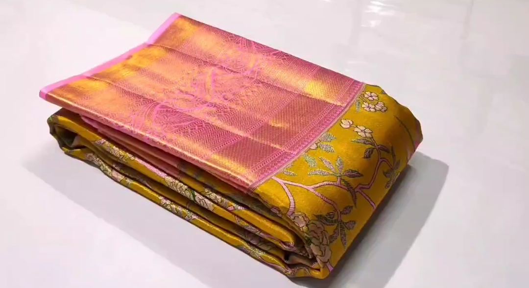 Mustard Kanchipuram Handloom 4D Tissue Brocade Silk Saree